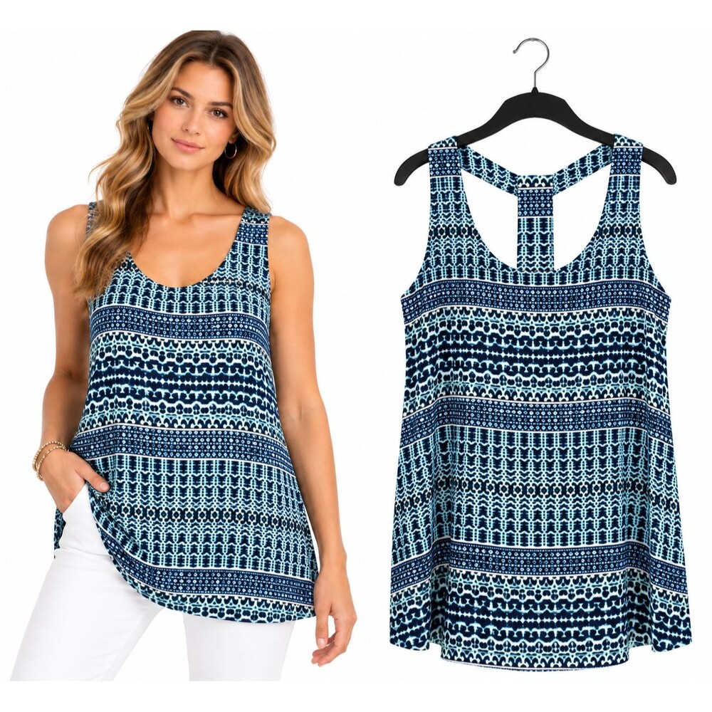 Cynthia Rowley Sleeveless T-Back Tunic Tank Top Size Large Blue Aqua Geometric